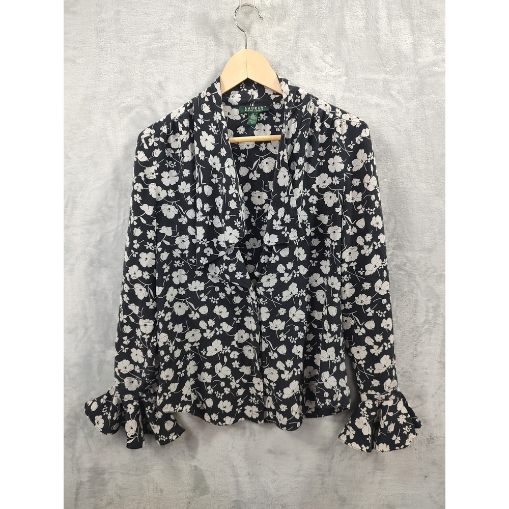 Lauren Ralph Lauren Black White Floral 100% Silk Ruffle Cuff Blouse Size 8